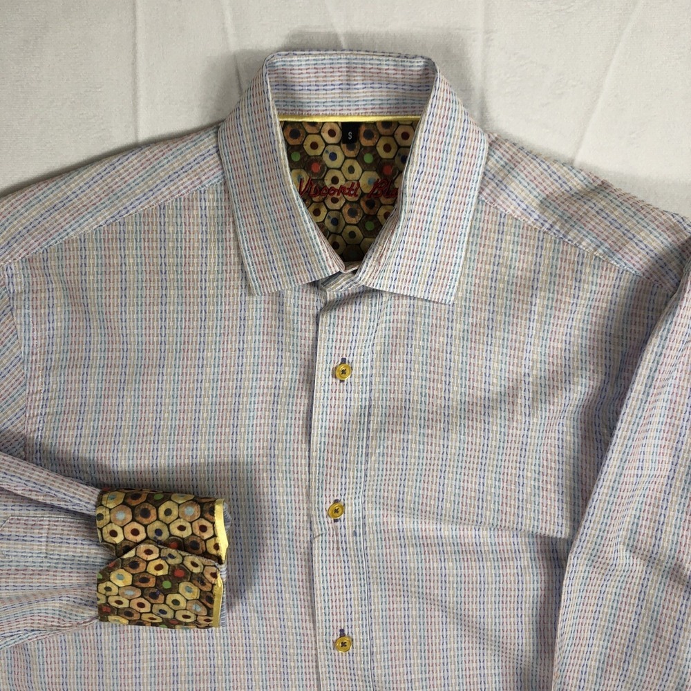Visconti Black Shirt Men's S Striped Multicolor Flip Cuff Button Up Long Sleeve - Picture 5 of 14
